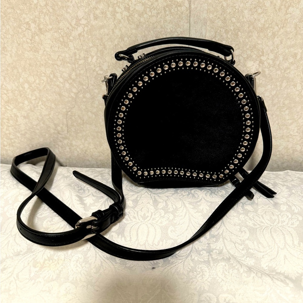 INC International Concepts Black Round Purse Silver Gem Rhinestones Grunge Goth